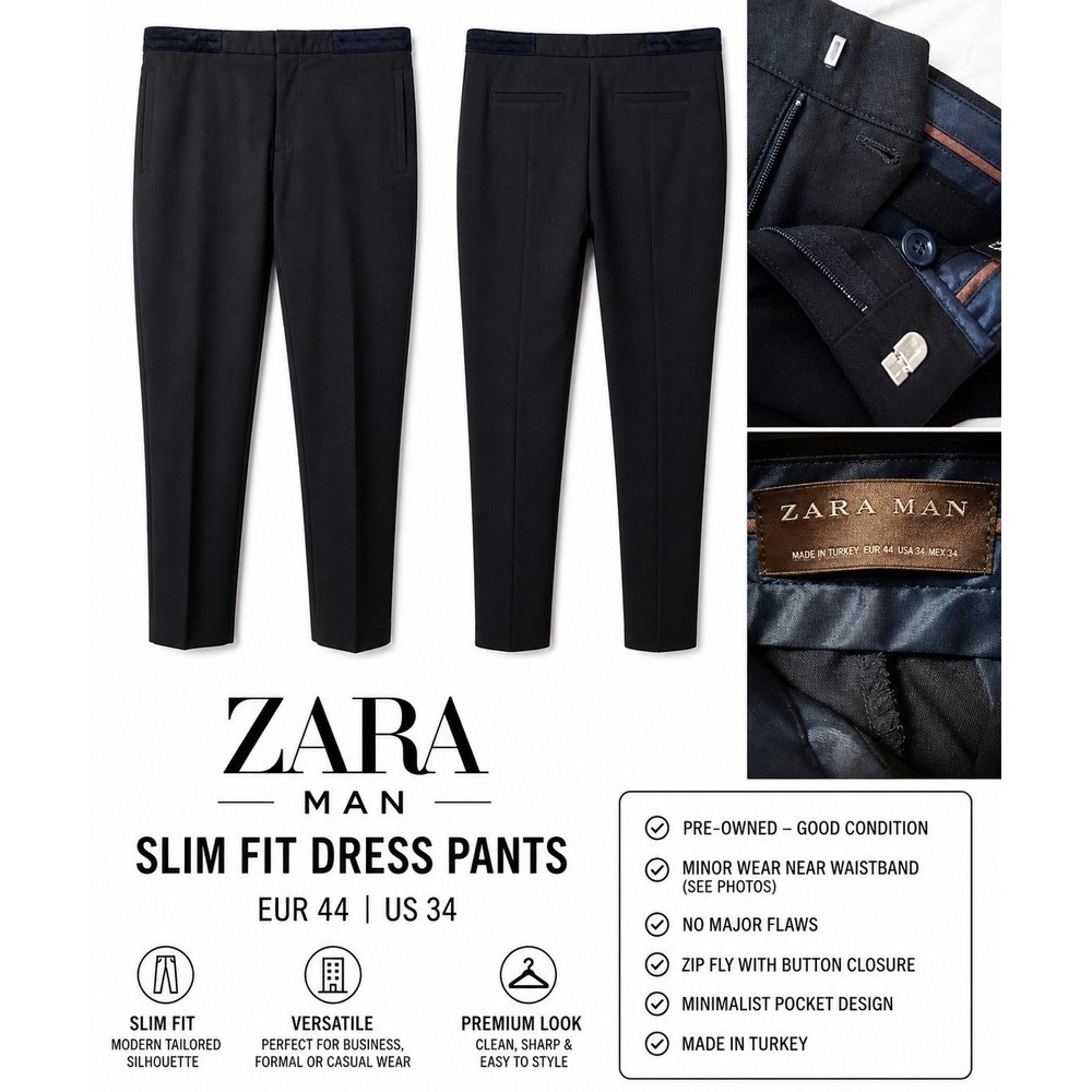 ZARA Man Slim Fit Dress Pants Black EUR 44 US 34 Tailored Trousers